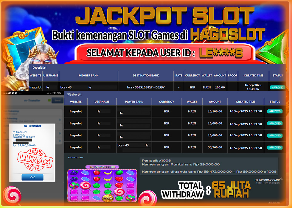 HAGOSLOT JACKPOT SLOT Sweet Bonanza 1000 Rp. 65.000.000.,- LUNAS