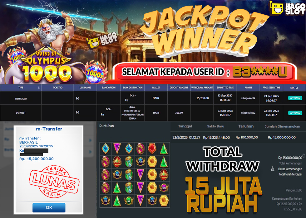 HAGOSLOT JACKPOT SLOT GATES OF OLYMPUS 1000 Rp. 15.200.000.,- LUNAS